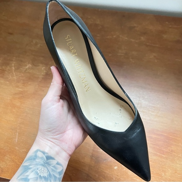 Stuart Weitzman Classic Leather Pointed Black Pumps Kitten Heel Anny 70 - Picture 7 of 12